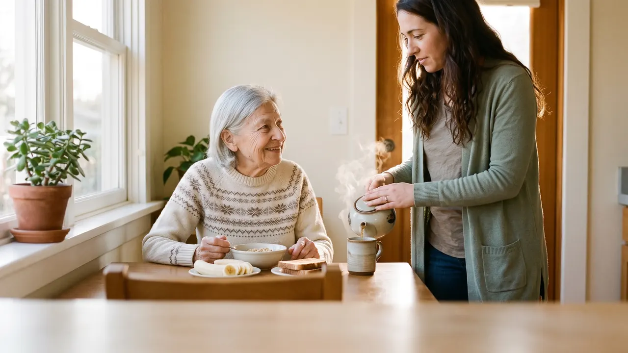 A caregiver pouring tea for an older woman at a sunny kitchen table