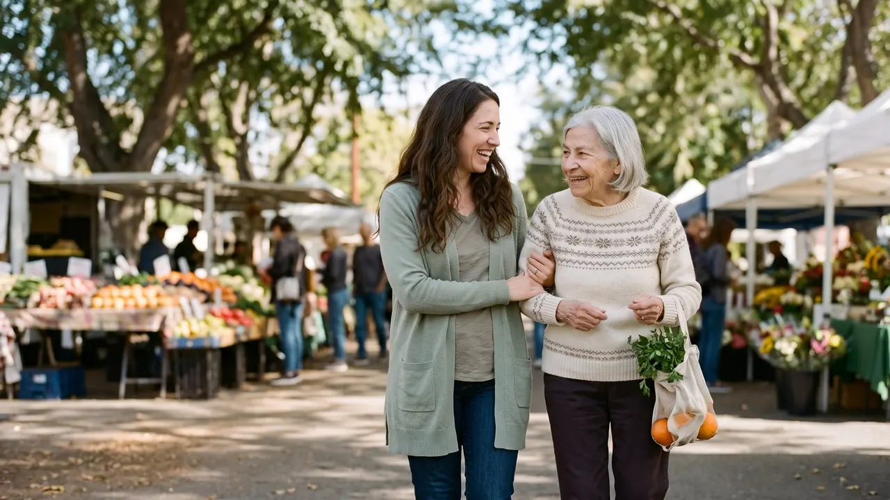 A caregiver and an older woman walking arm in arm through a farmers market