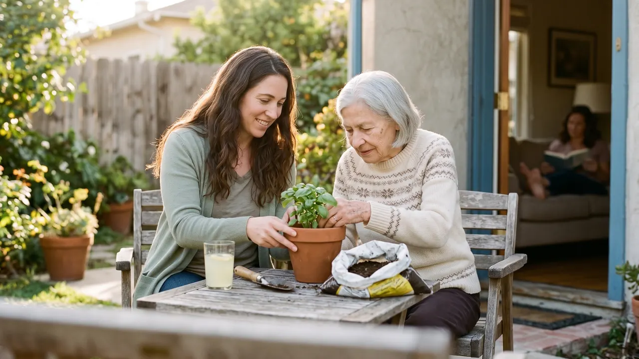 A caregiver and an older woman potting basil together on a sunny patio