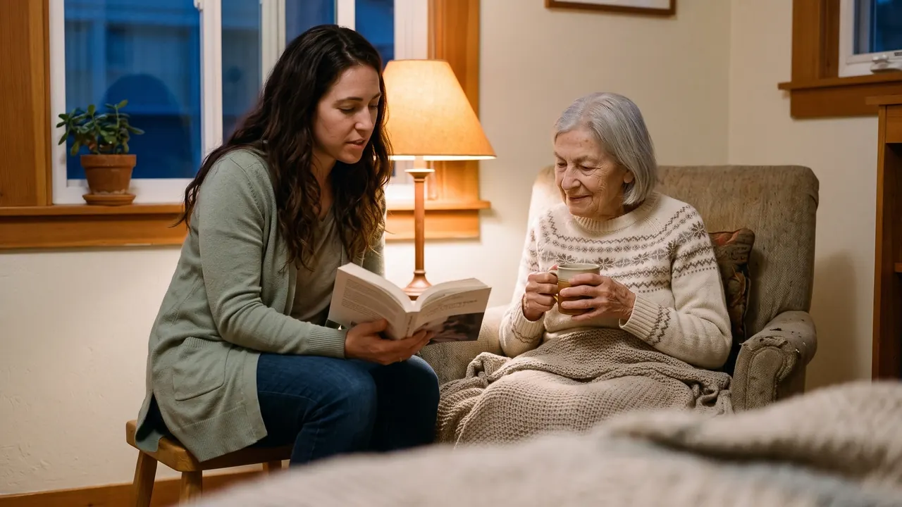 A caregiver reading aloud to an older woman in a lamp-lit armchair at dusk