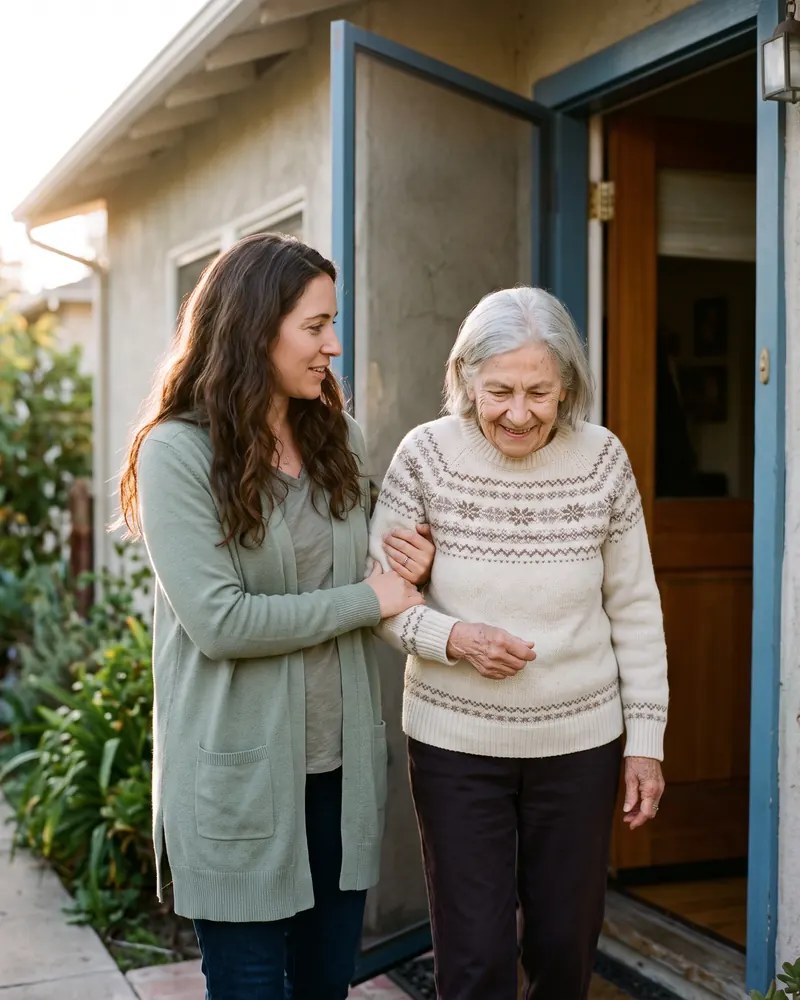 A caregiver walking arm in arm with an older woman at her front door in morning light
