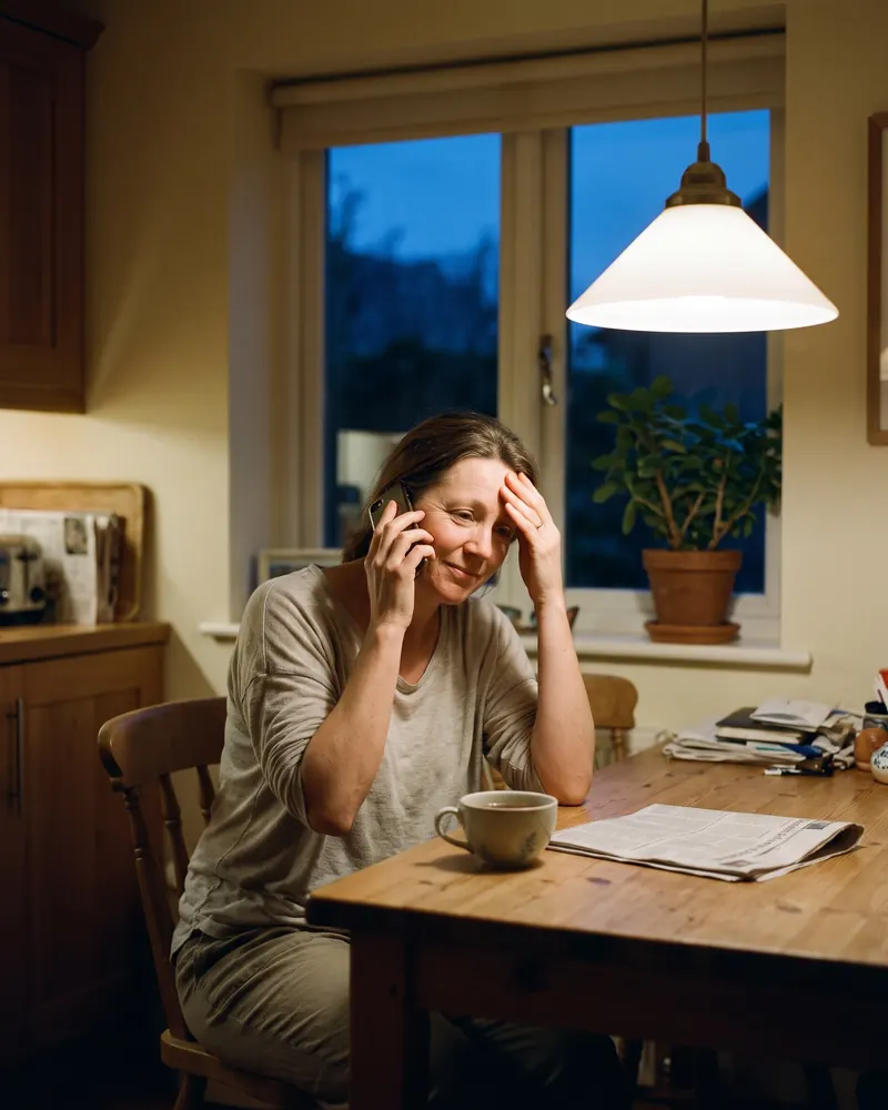 A woman on the phone at her kitchen table in the evening