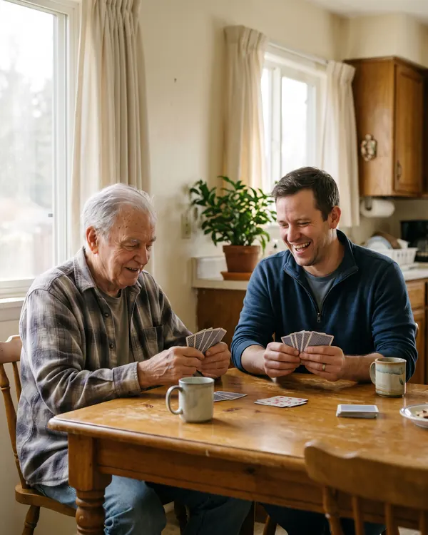 An older man and his caregiver laughing over a game of cards